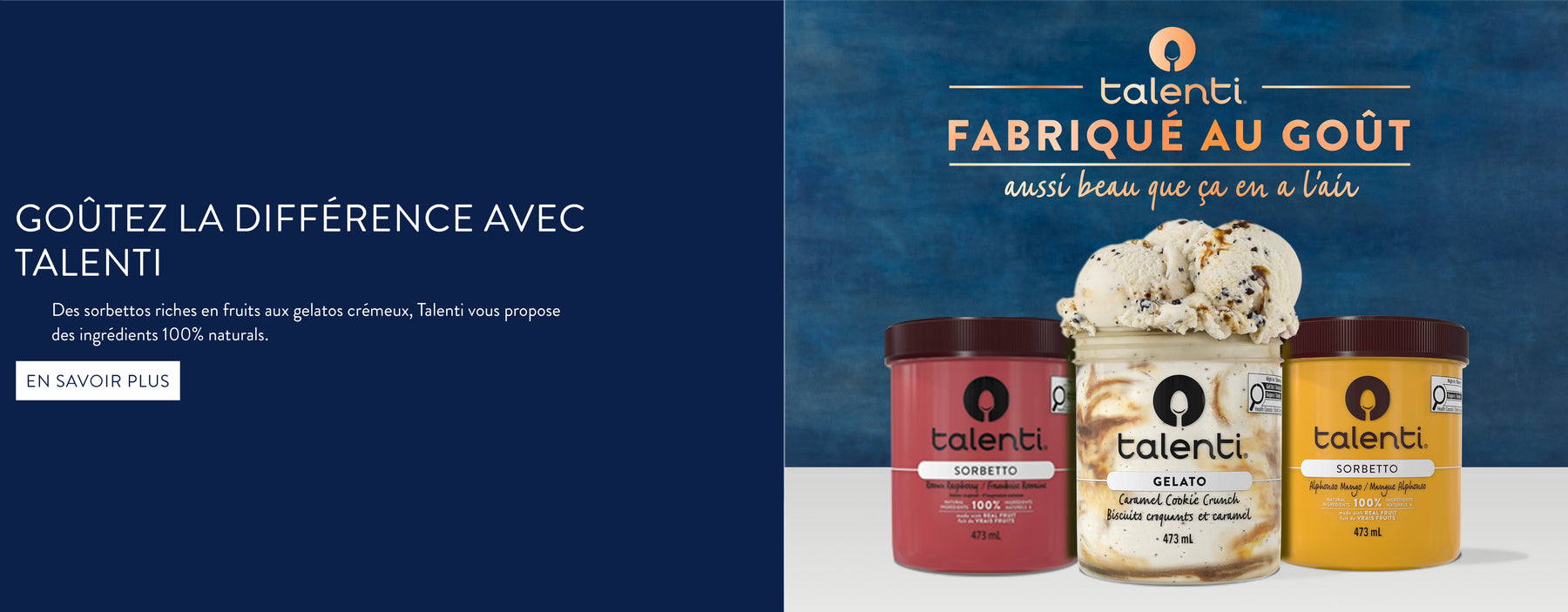 Talenti desktop hero banner in French showcasing premium gelato collection
