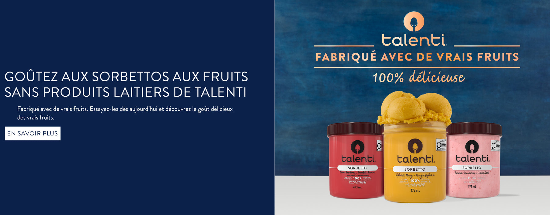 Bannière héros Talenti montrant des gelatos premium avec texte promotionnel en français