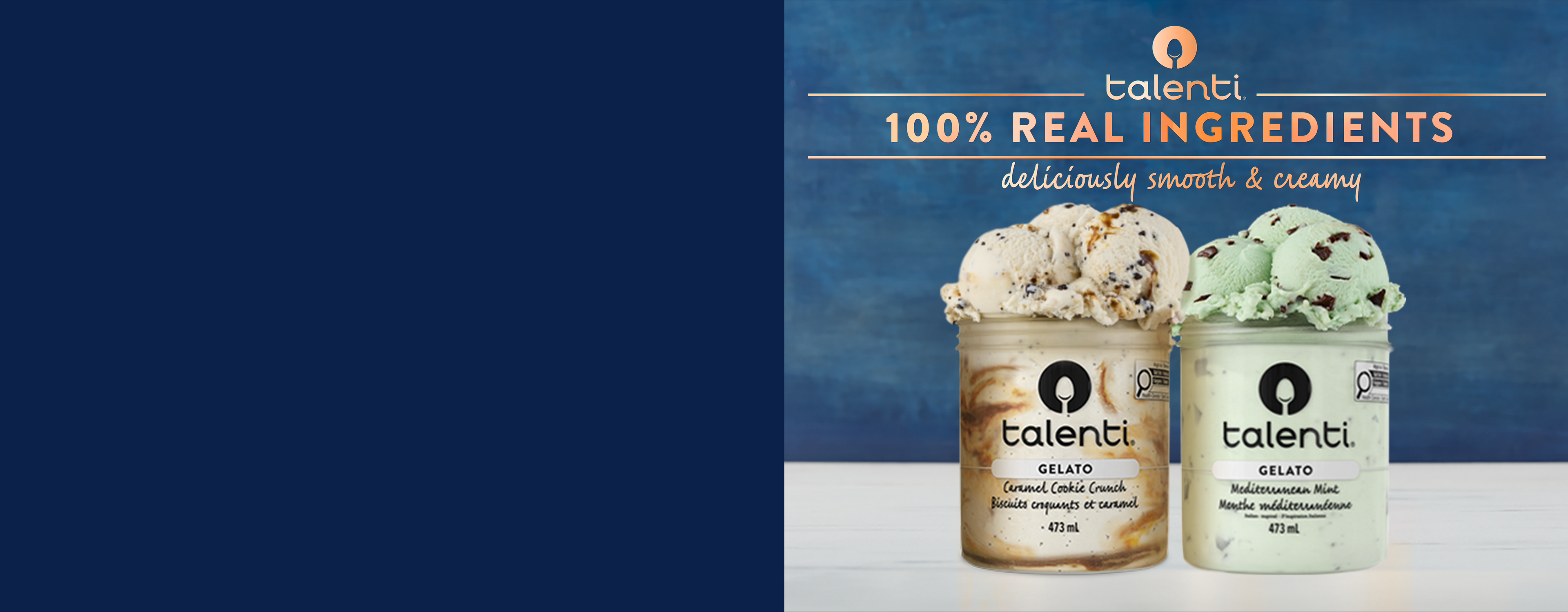 Talenti gelato and sorbetto hero banner with “Crafted to Taste” message and three Talenti tubs on blue background