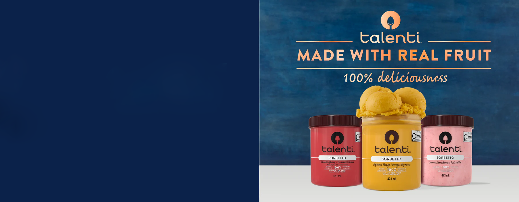 Talenti Sorbettos hero banner showcasing vibrant fruit sorbetto cups with promotional text