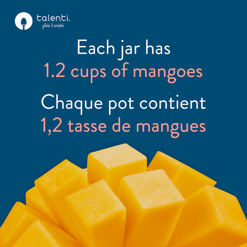 Talenti Alphonso Mango gelato flavour graphic with real mango ingredients and quality callouts
