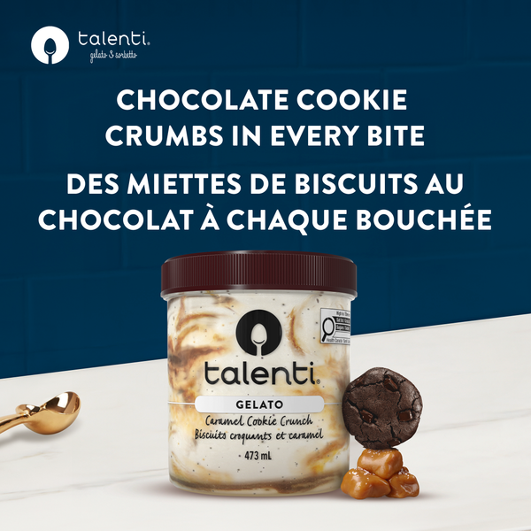 Talenti Caramel Cookie Crunch gelato flavour graphic with real caramel and cookie ingredient callouts
