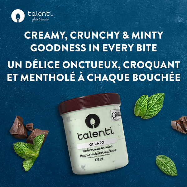 Talenti Mediterranean Mint gelato flavour graphic with real mint and chocolate ingredient icons