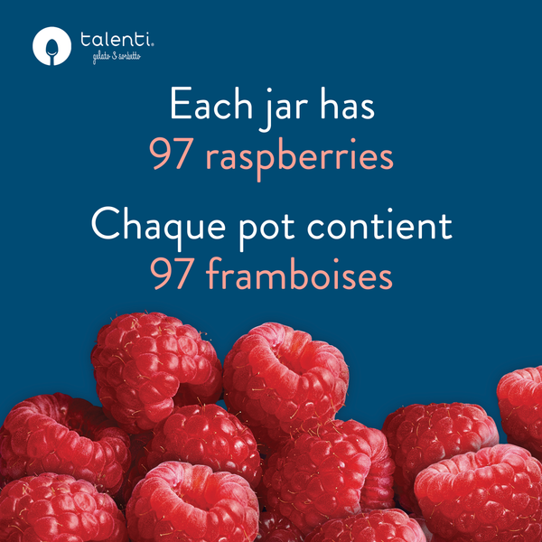 Talenti Roman Raspberry Sorbetto flavour graphic with real raspberry ingredient callouts
