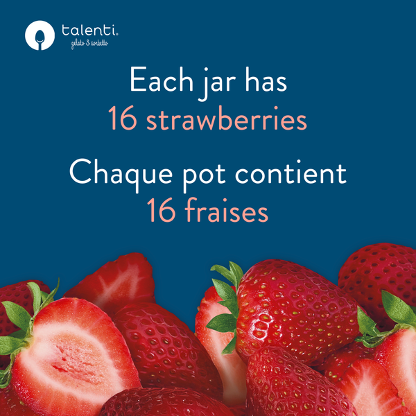 Talenti Summer Strawberry Sorbetto flavour graphic with real strawberries and ingredient callouts