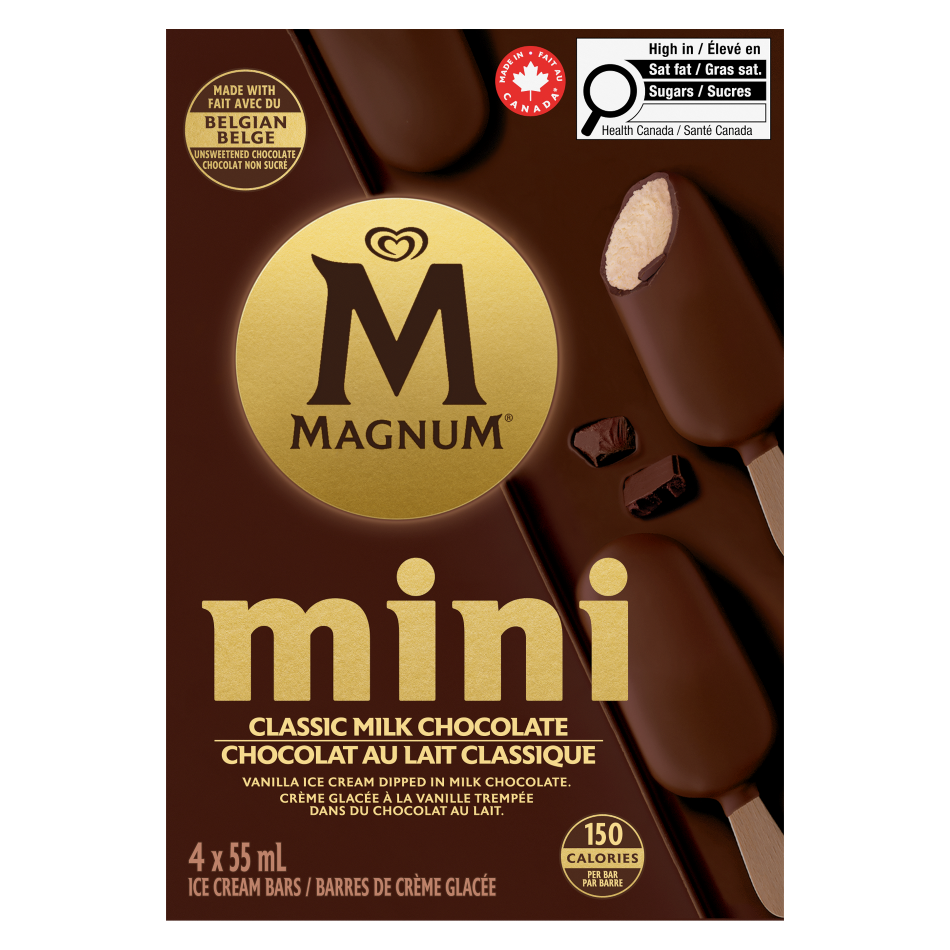 Magnum Mini Classic Ice Cream Bar unwrapped showing cracked Belgian chocolate shell