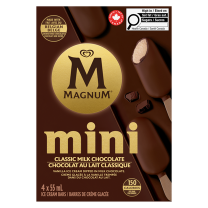Magnum Mini Classic Ice Cream Bar unwrapped showing cracked Belgian chocolate shell