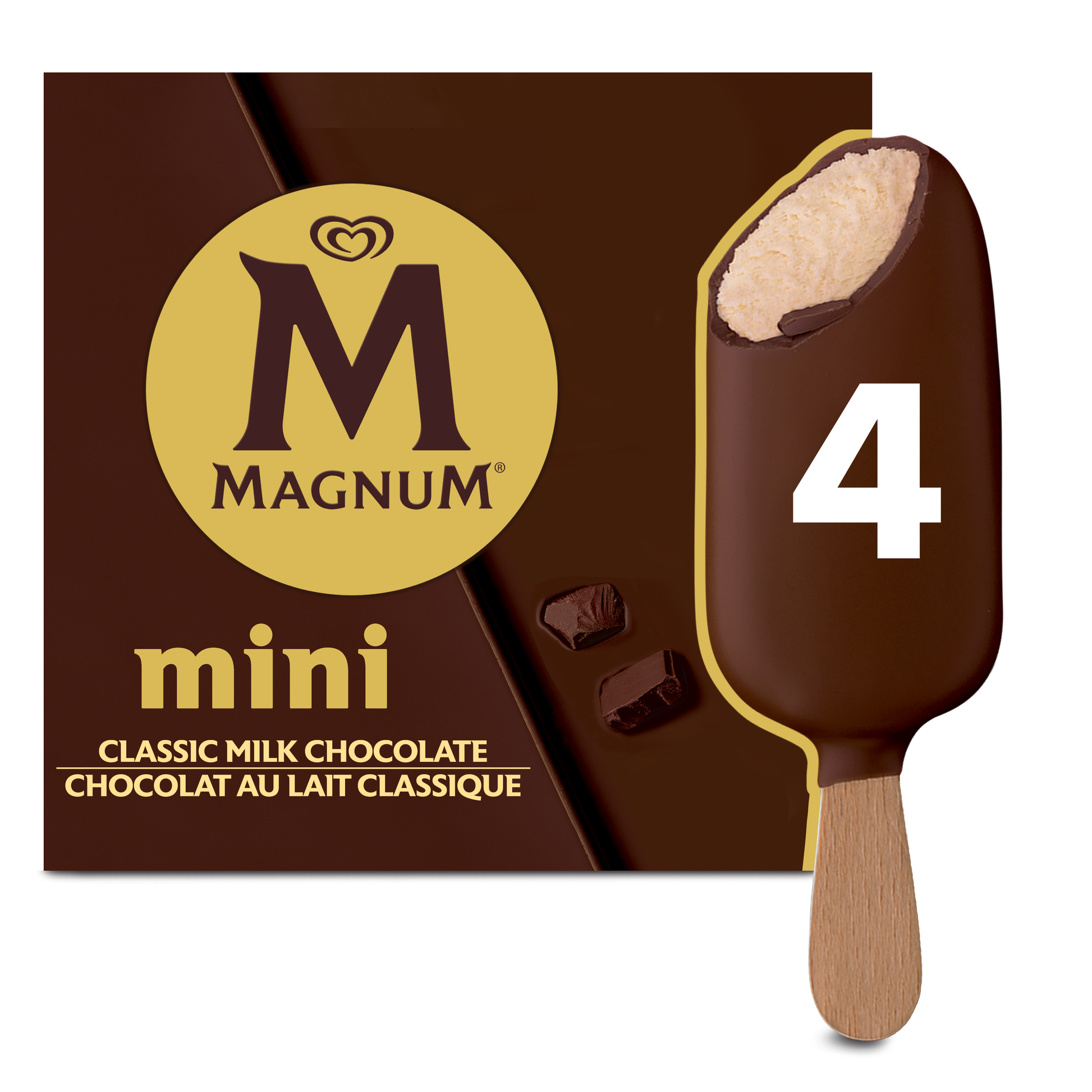 Magnum Mini Classic Ice Cream Bars 4-pack carton front view with Belgian chocolate coating