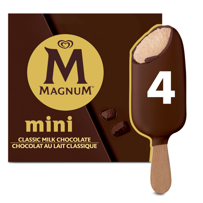 Magnum Mini Classic Ice Cream Bars 4-pack carton front view with Belgian chocolate coating