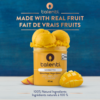 Scoop of Talenti Alphonso Mango gelato in bowl with fresh mango pieces