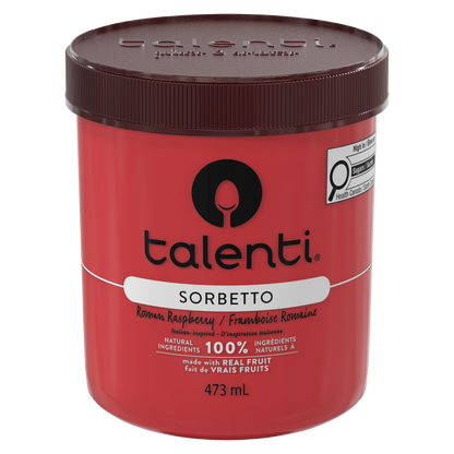  Talenti Roman Raspberry Sorbetto pint close-up focusing on flavour name and branding