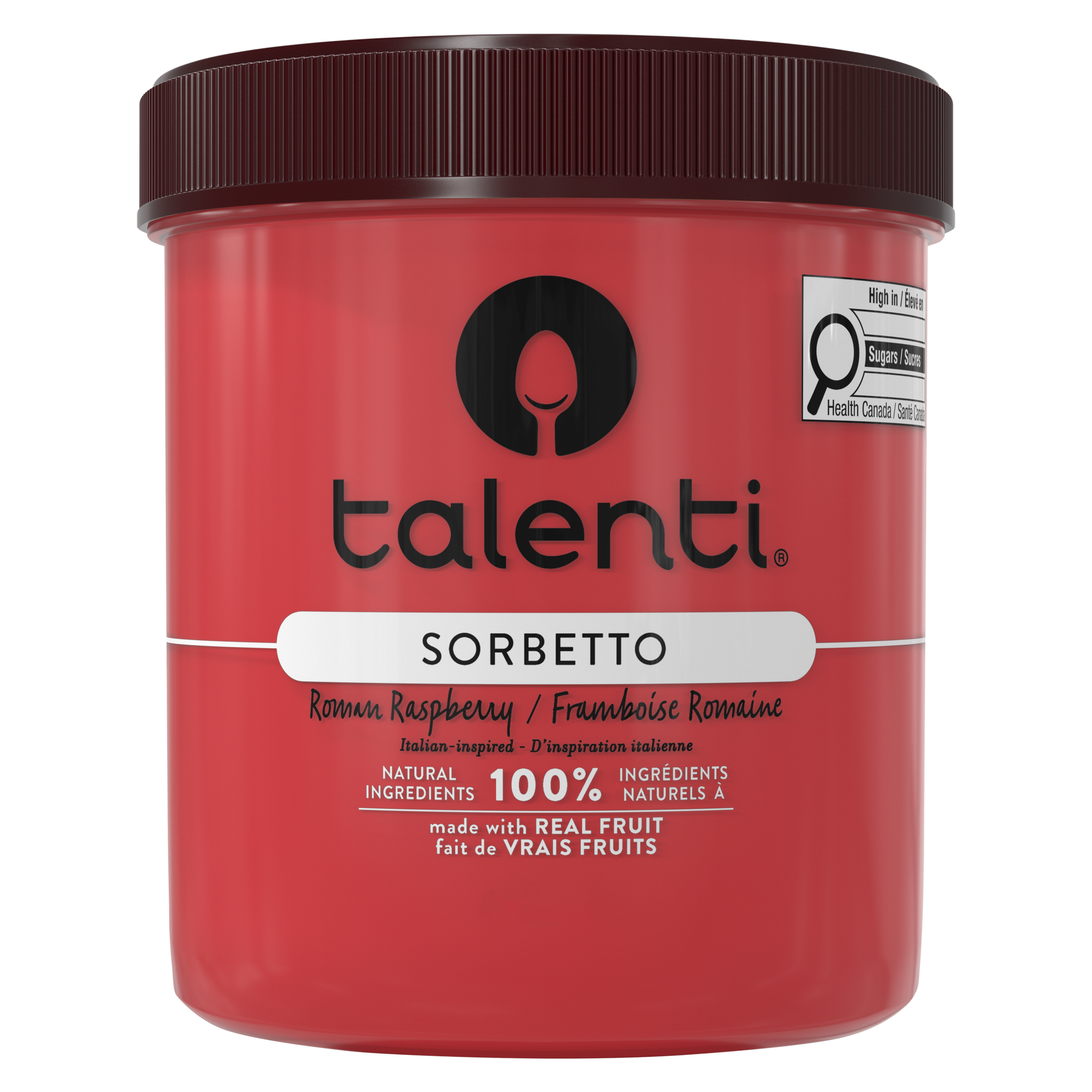 Talenti Roman Raspberry Sorbetto pint top view with branded brown lid