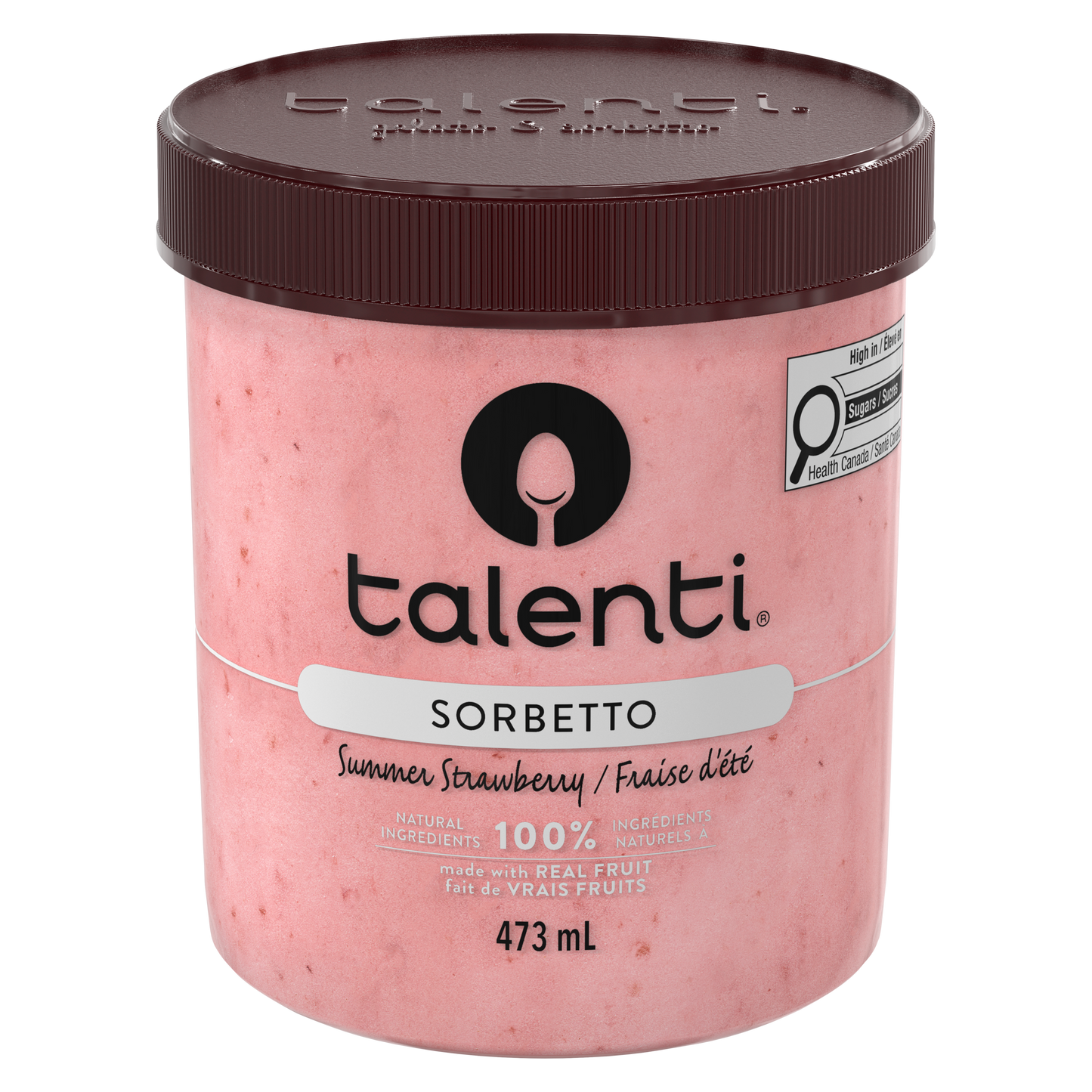 Talenti Summer Strawberry Sorbetto pint lifestyle shot with soft shadows