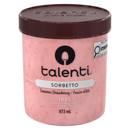 Talenti Summer Strawberry Sorbetto pint lifestyle shot with soft shadows