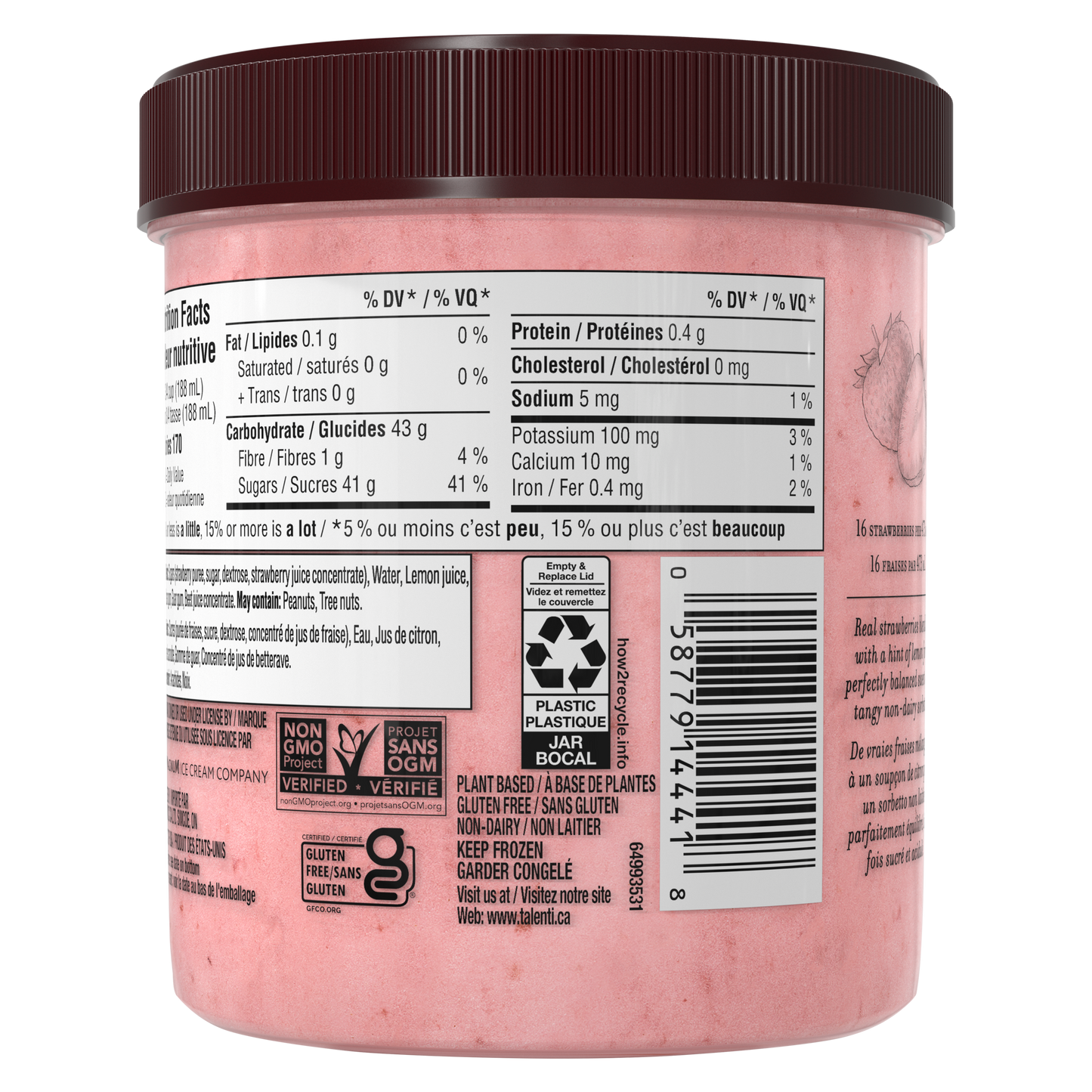 Talenti Summer Strawberry Sorbetto pint side view highlighting nutrition facts