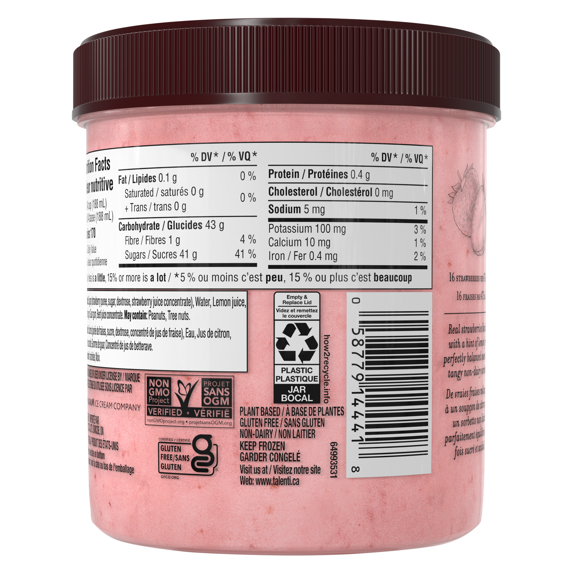 Talenti Summer Strawberry Sorbetto pint side view highlighting nutrition facts