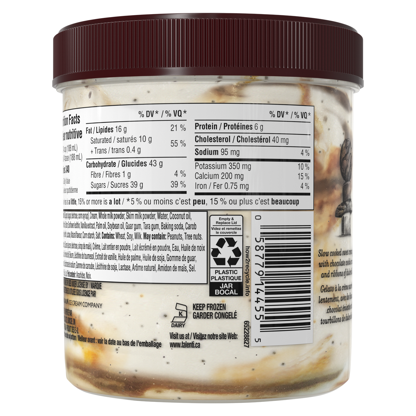 Talenti Caramel Cookie Crunch gelato pint rear view showing nutrition facts panel