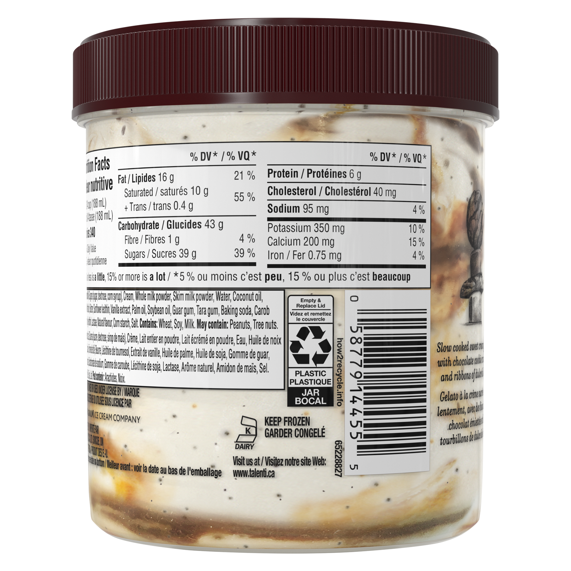 Talenti Caramel Cookie Crunch gelato pint rear view showing nutrition facts panel