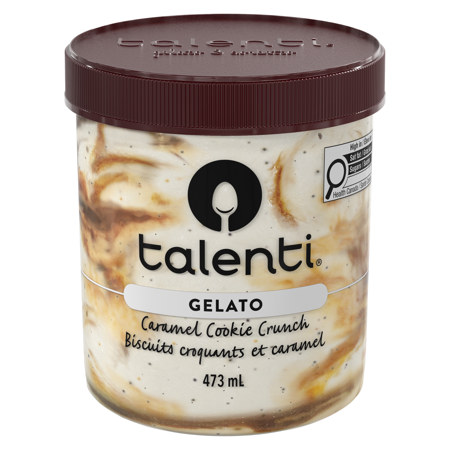 Talenti Caramel Cookie Crunch gelato pint side view highlighting ingredient list