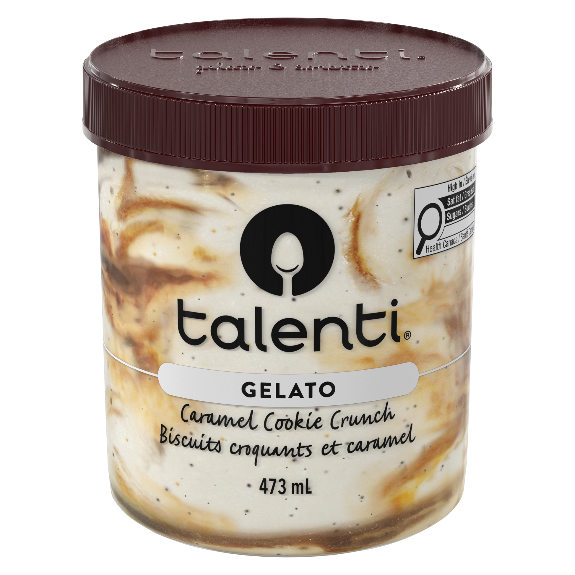 Talenti Caramel Cookie Crunch gelato pint side view highlighting ingredient list