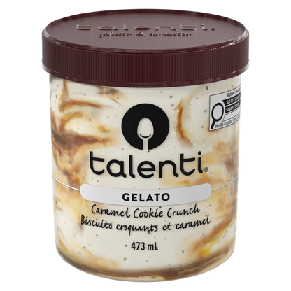 Talenti Caramel Cookie Crunch gelato pint side view highlighting ingredient list