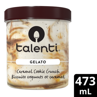 Talenti Caramel Cookie Crunch gelato pint top view with branded brown lid