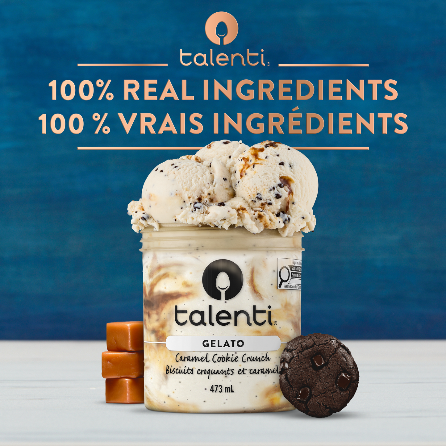 Scoop of Talenti Caramel Cookie Crunch gelato in bowl with cookie pieces and caramel swirl