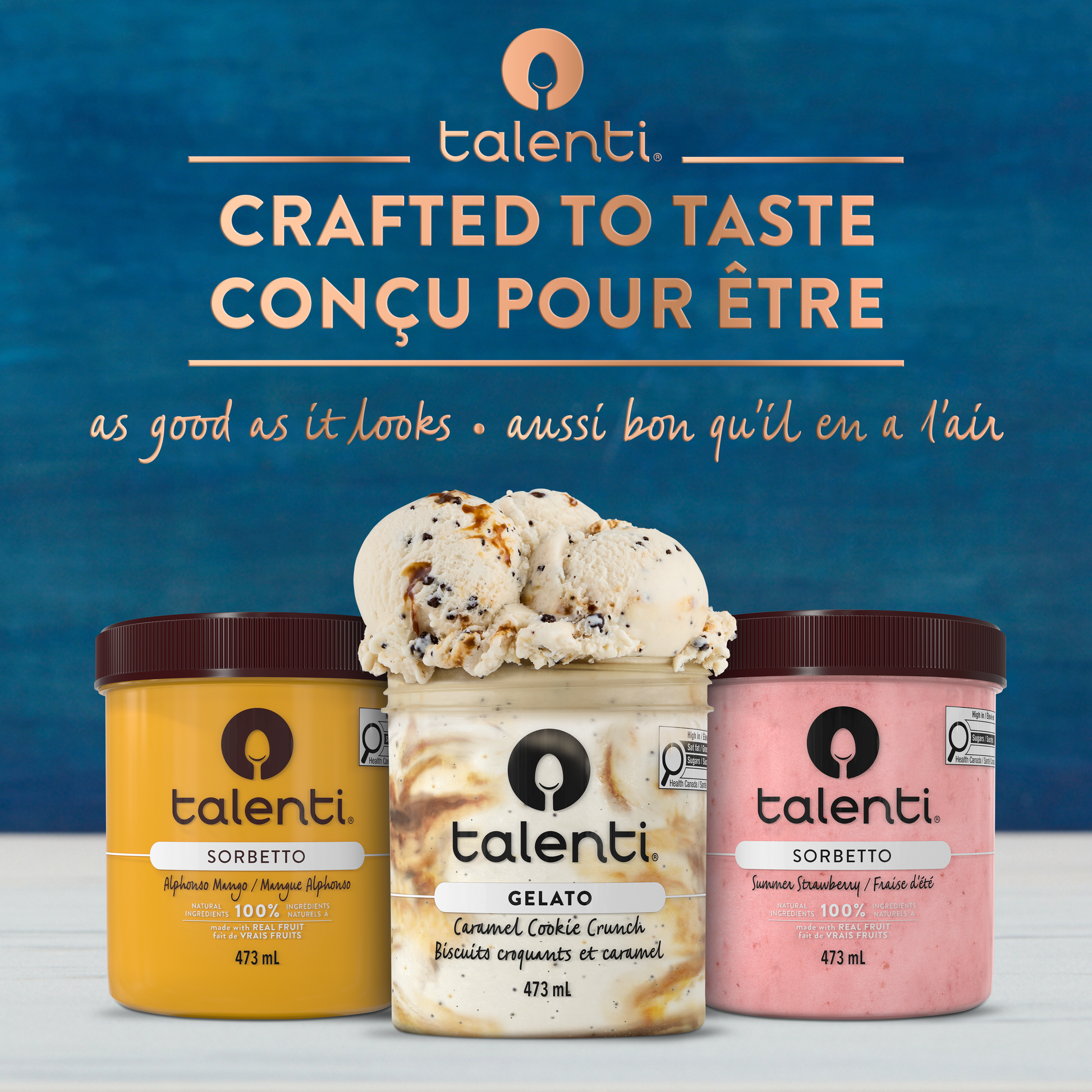 Talenti Caramel Cookie Crunch gelato pint beside spoon and crumbled chocolate cookies