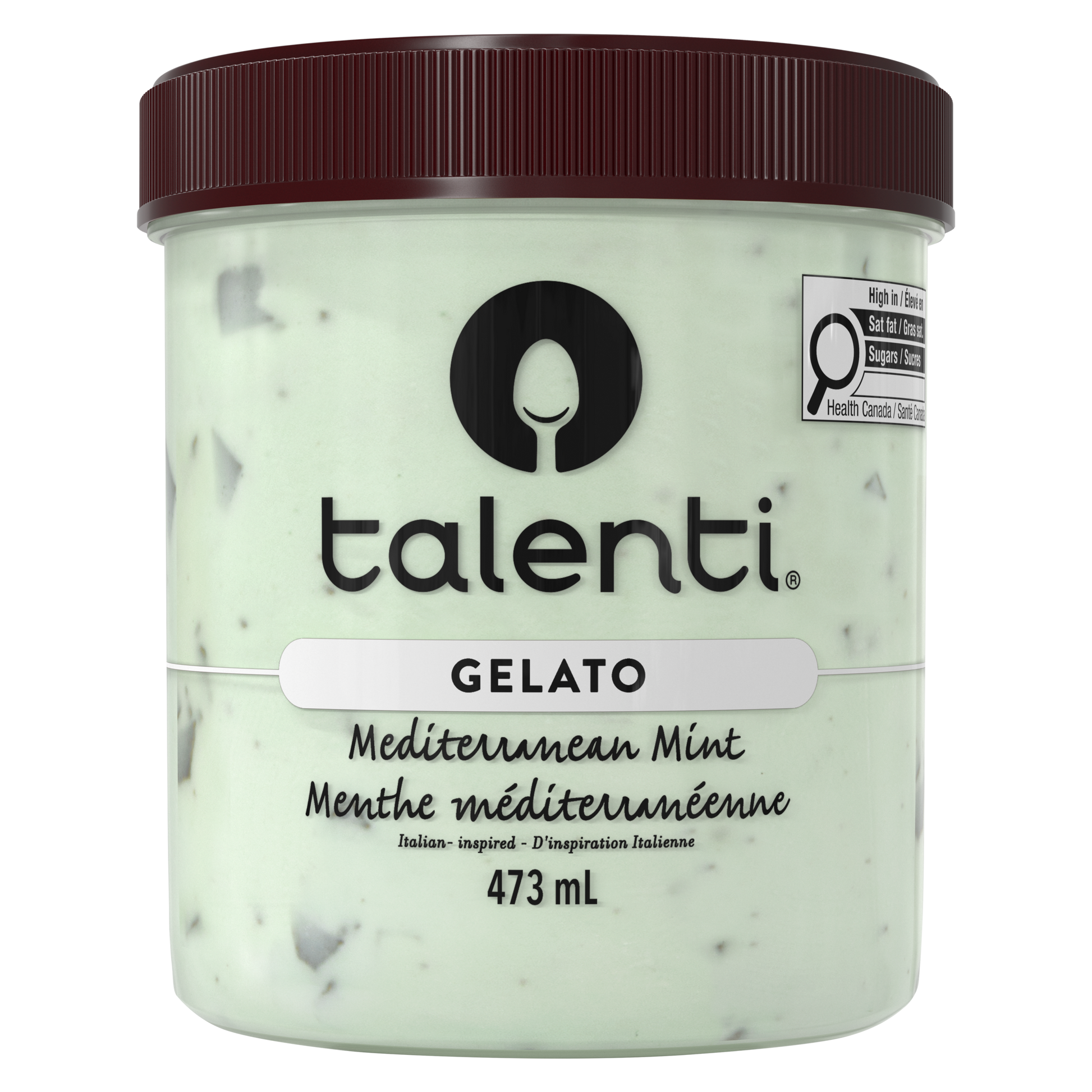 Talenti Mediterranean Mint gelato pint front view with mint chocolate chip label
