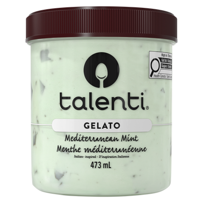 Talenti Mediterranean Mint gelato pint front view with mint chocolate chip label