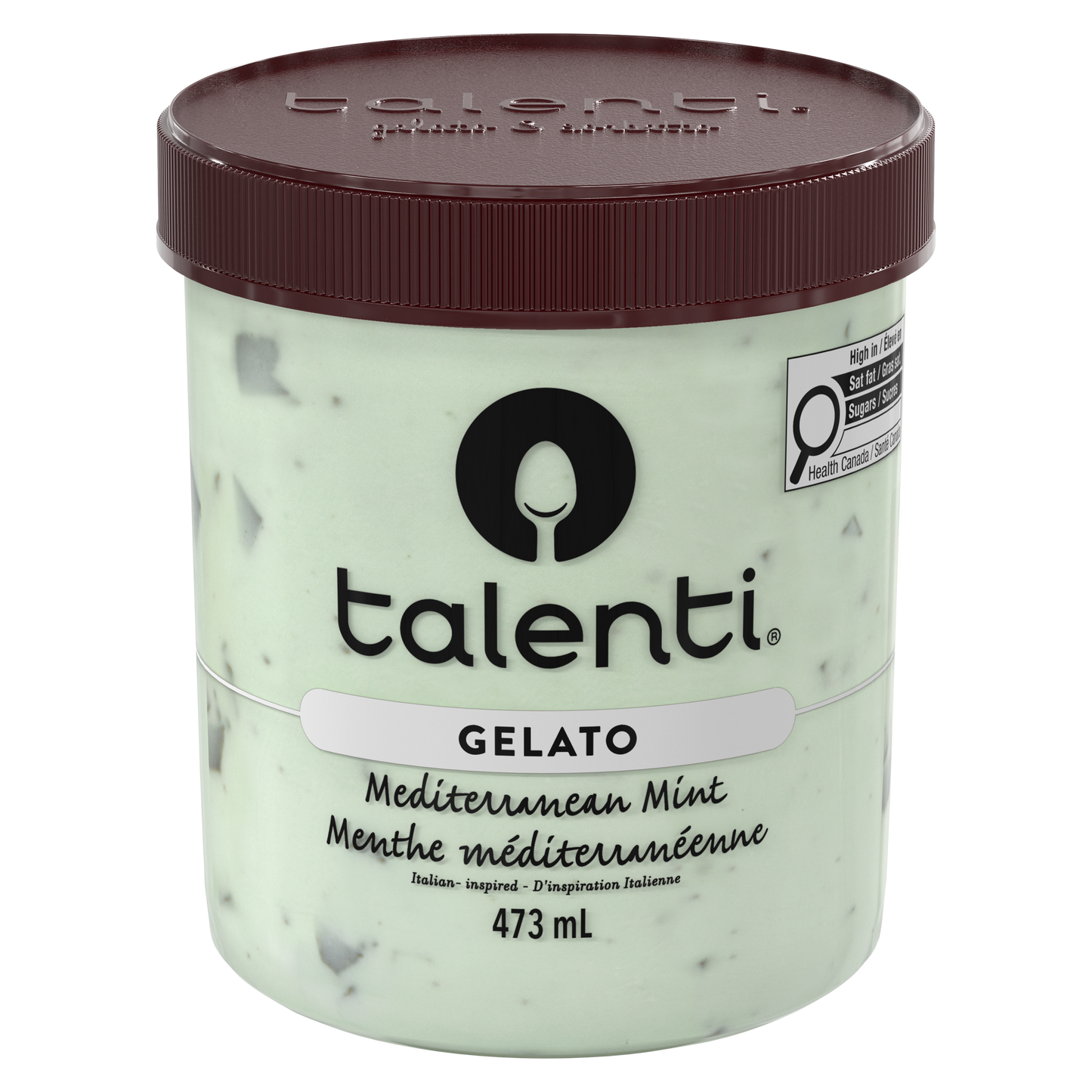 Talenti Mediterranean Mint gelato pint top-down view with branded brown lid