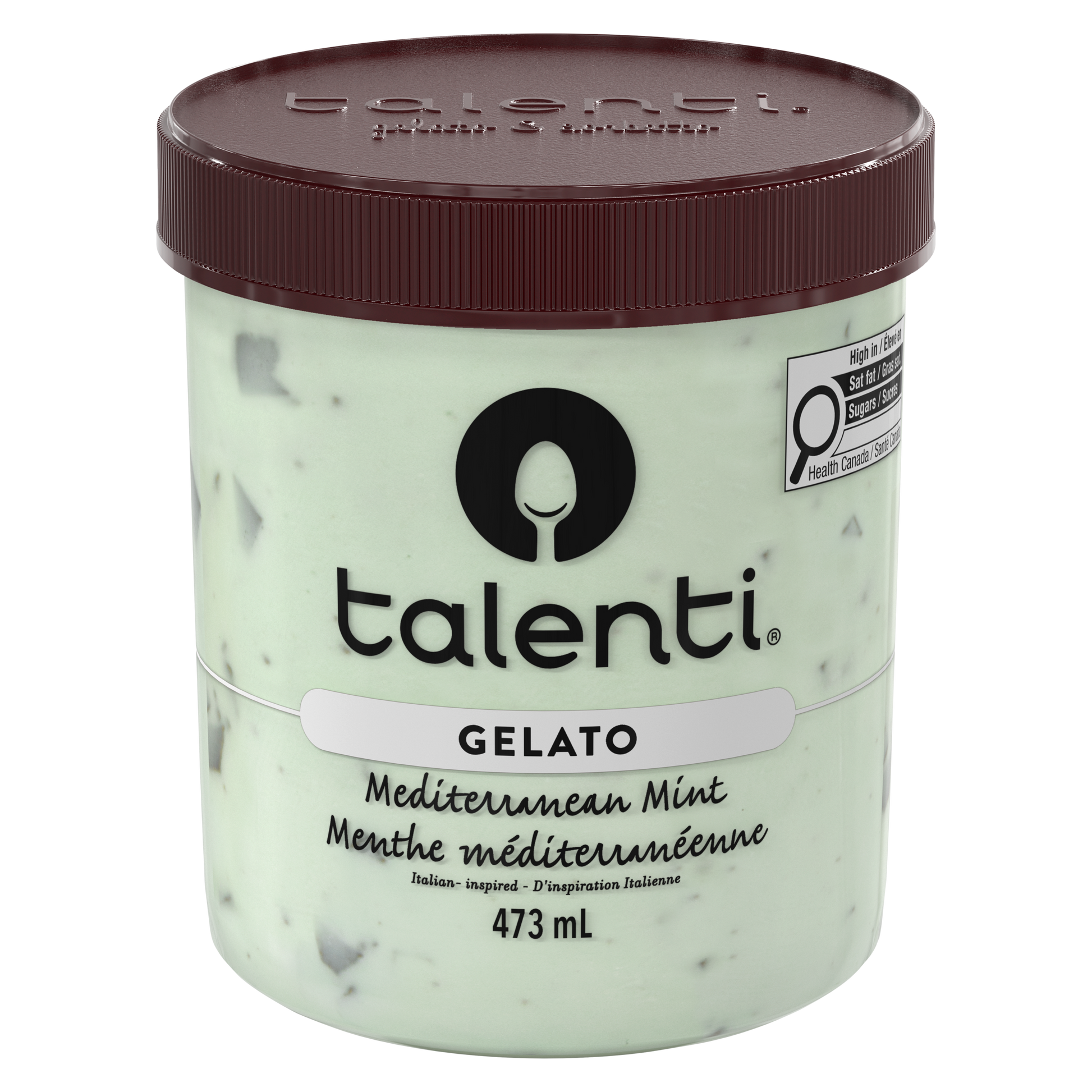 Talenti Mediterranean Mint gelato pint top-down view with branded brown lid