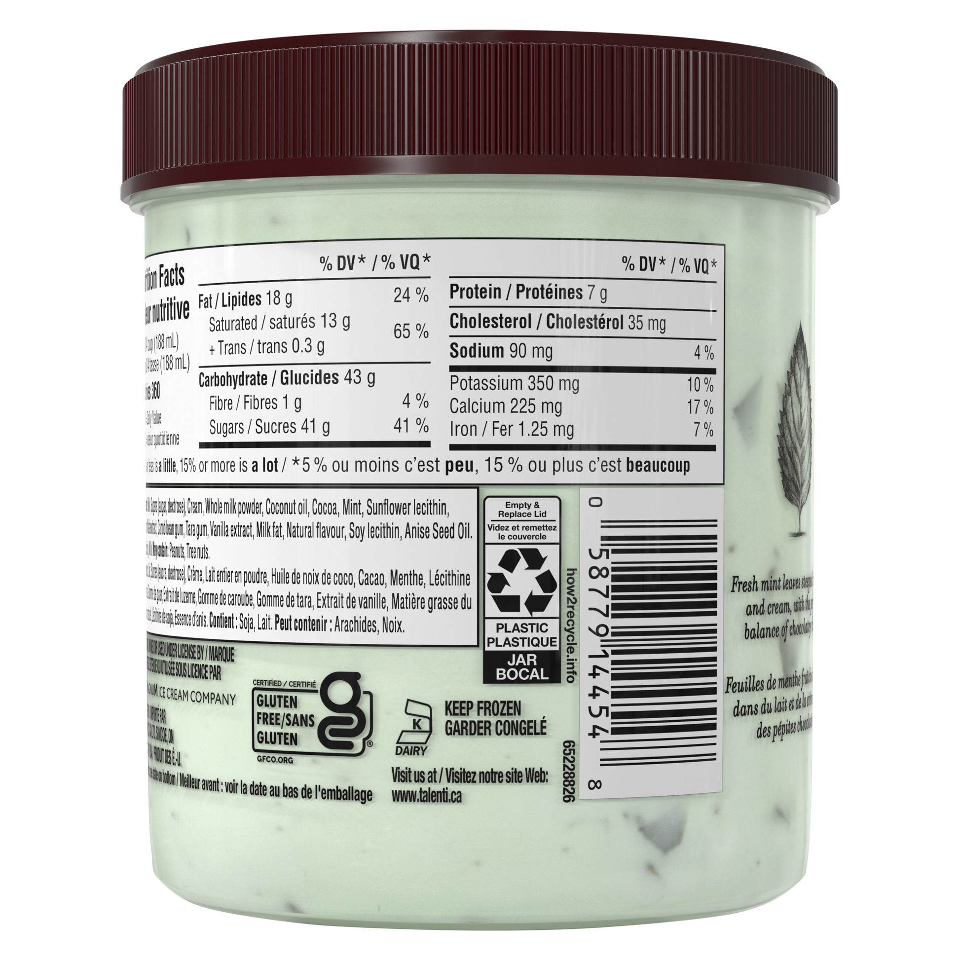 Talenti Mediterranean Mint gelato pint rear view showing nutrition facts panel