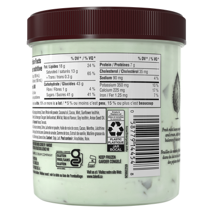Talenti Mediterranean Mint gelato pint rear view showing nutrition facts panel