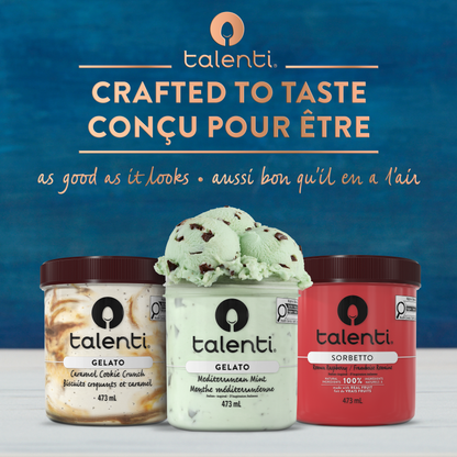 Talenti Mediterranean Mint gelato pint beside scoop of gelato and mint garnish