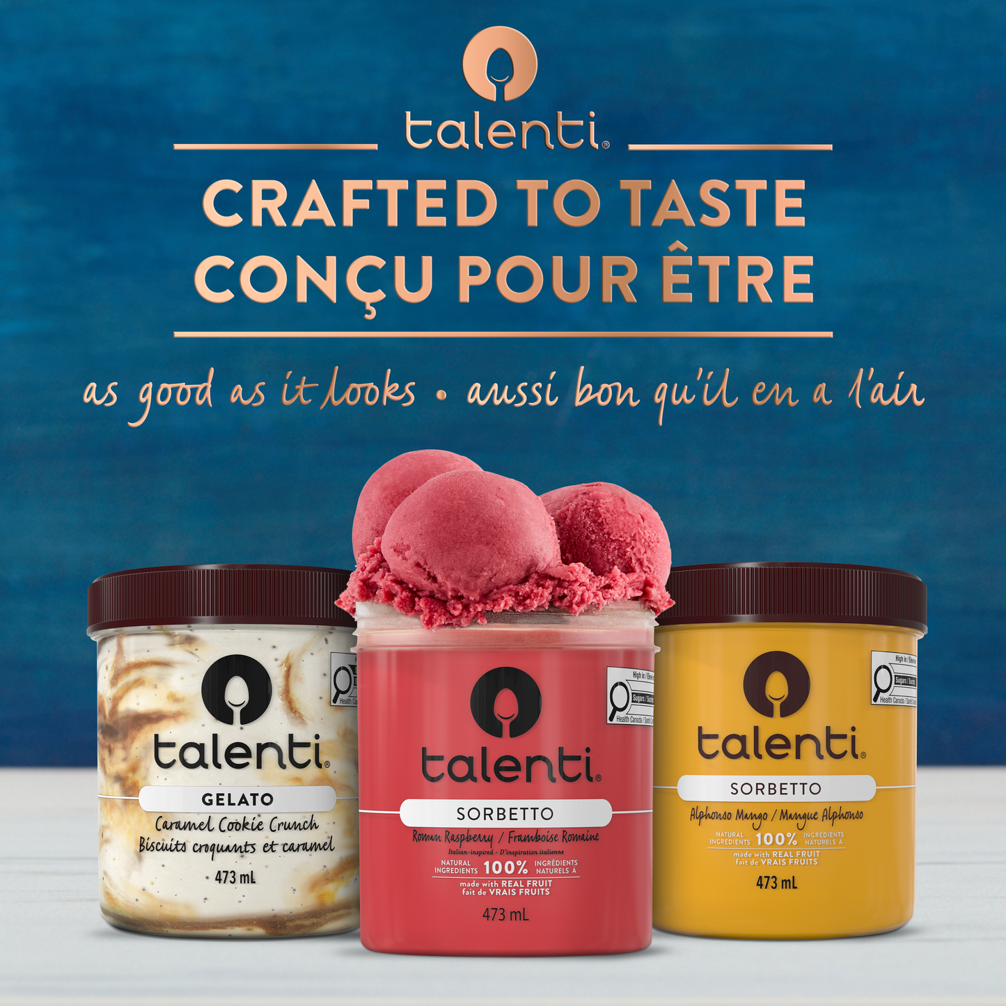 Talenti Roman Raspberry Sorbetto pint beside scoop of sorbetto and raspberries